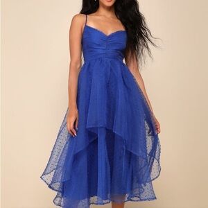 Lulu's Swiss Dot Colbalt Textured Midi Dress